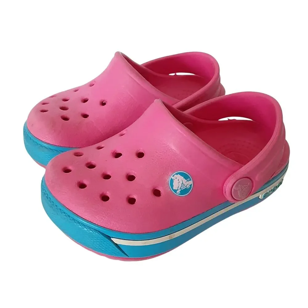 Crocs Crocband Clogs Toddler 4/5 Hot Pink Blue Stripe Retro Water Shoes Summer